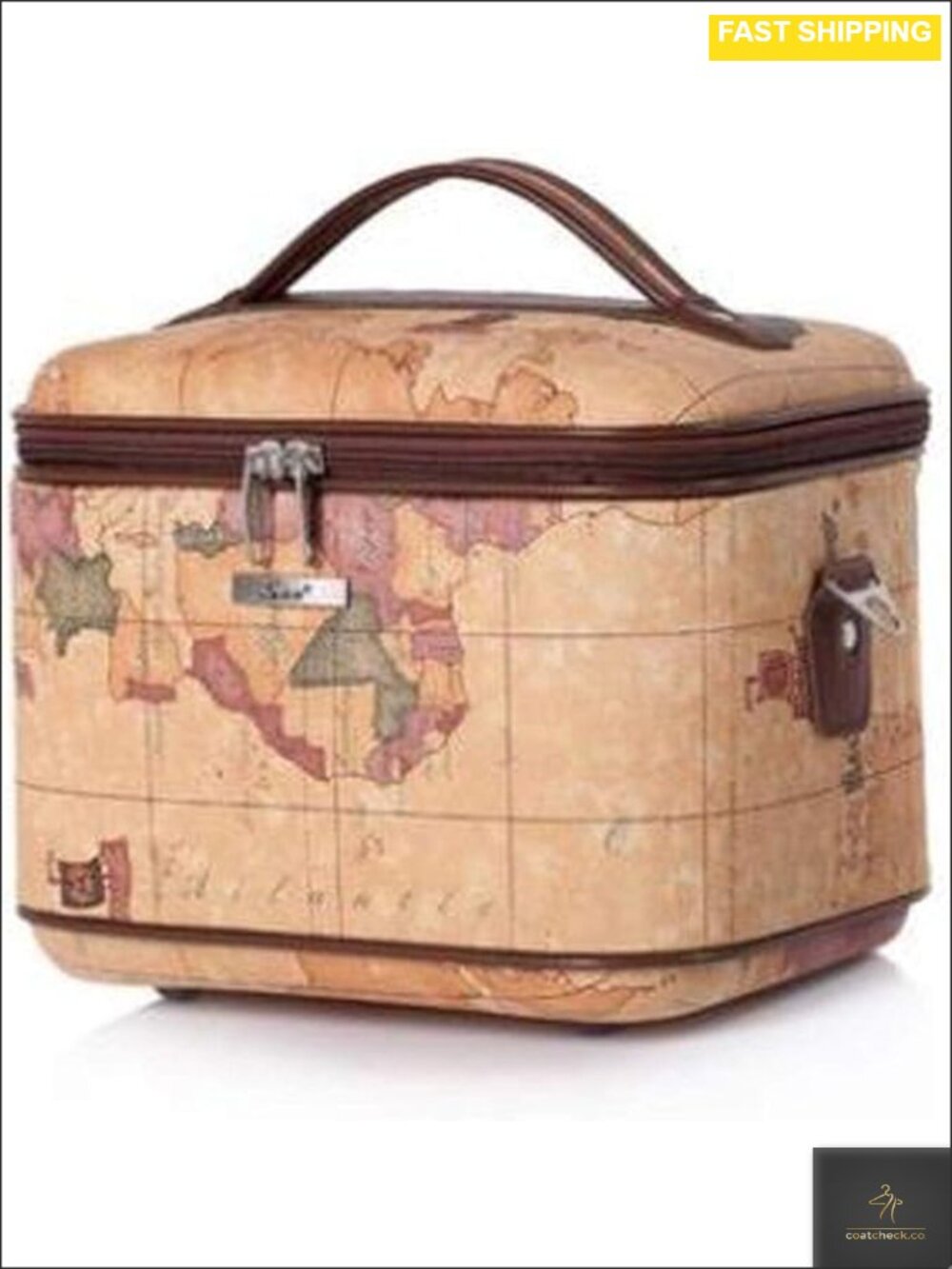 PU Leather 14 Inch Cosmetic Case Travel Toiletry Bag with Map Print and Back